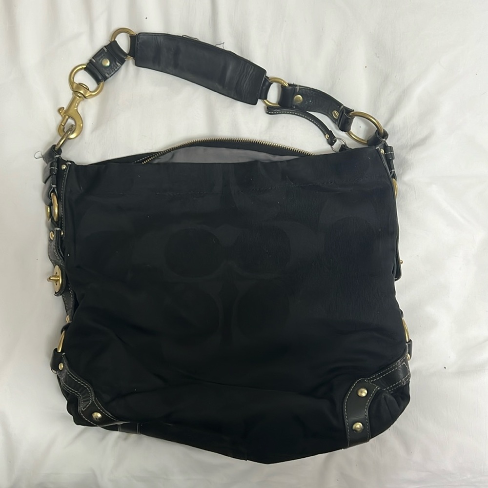 Coach Carly Black C Logo Canvas Shoulder Hobo Bag
